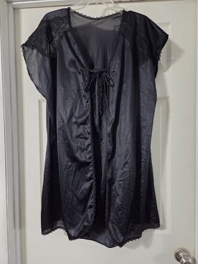 Lady Cameo Dallas Vintage Black Satin & Lace Robe Cami Lingerie Set